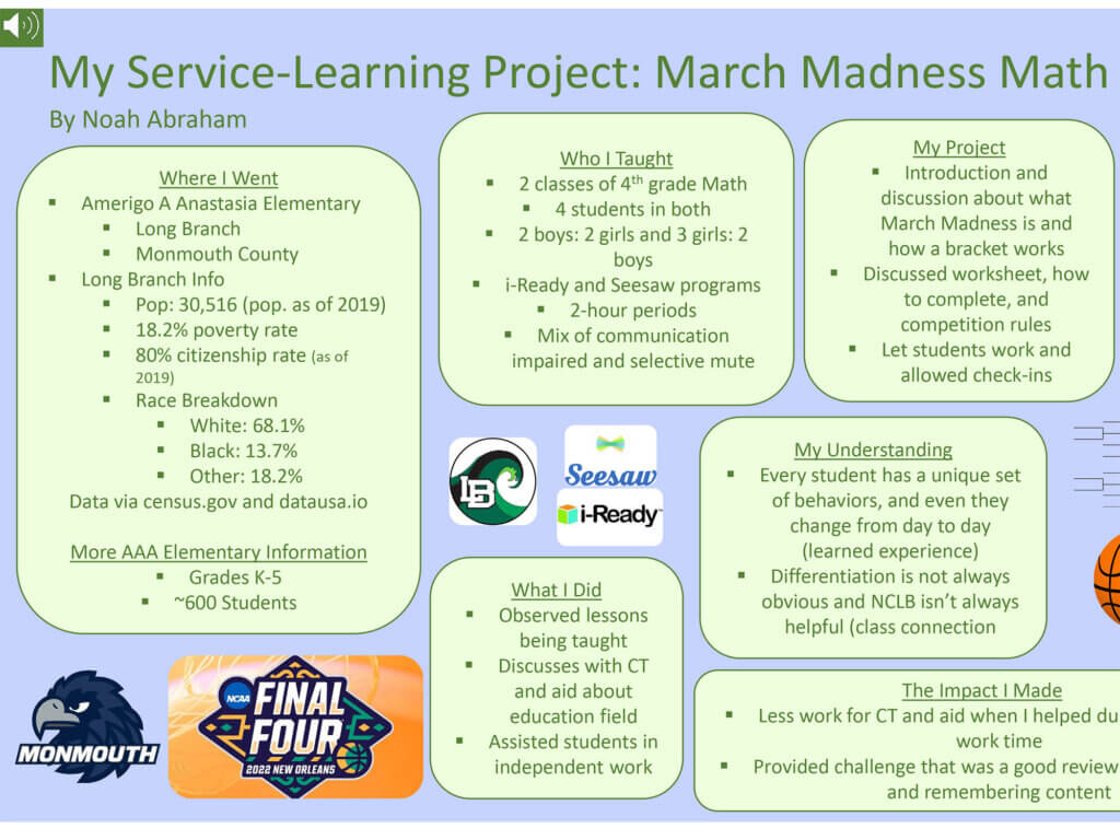 Poster Presentation: Service Learning Project: March Madness Math by Noah Abraham