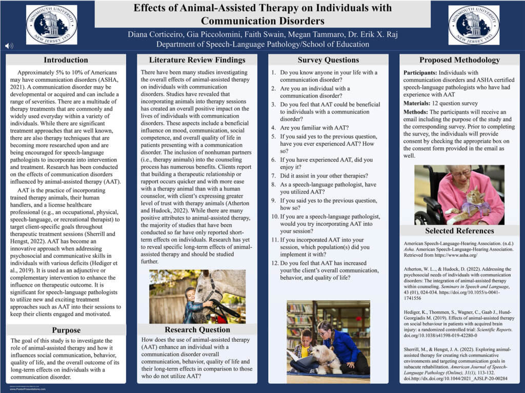 Poster Presentation: Effects of Animal-Assisted Therapy on Individuals with Communication Disorders by Diana Corticeiro, Gia Piccolomini, Faith Swain, Megan Tammaro
