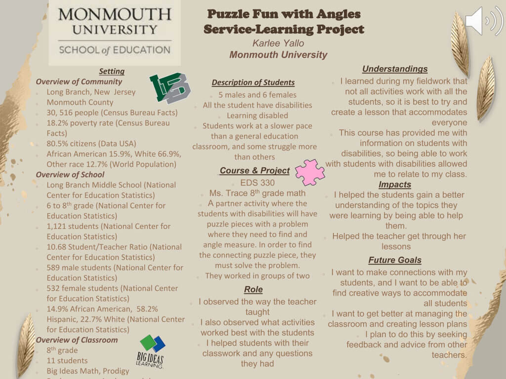 Poster Presentation: Puzzle Fun with Angles Service-Learning Project by Karlee Yallo