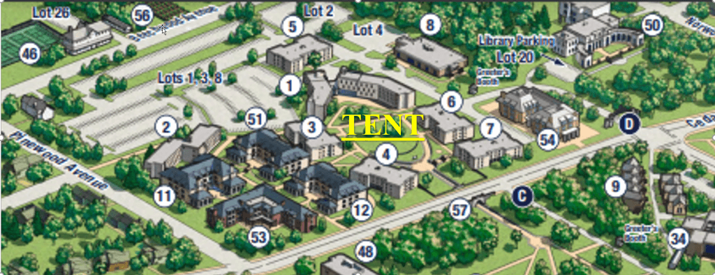 Image of campus map denoting where Move-In Tent will be located in the Residential Quad area.