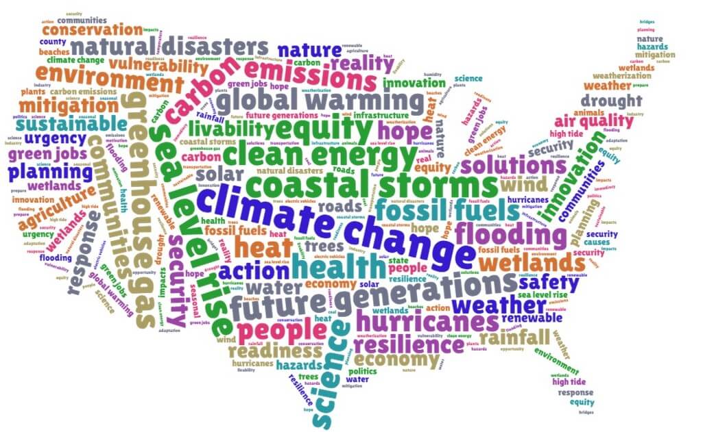 A map of the united states composed of phrases concerning environmental issues, including climate change, clean energy, and future generations