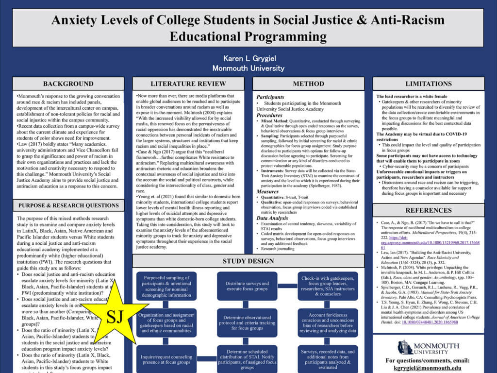 Poster Image: Anxiety Levels of College Students in Social Justice & Anti-Racism Educational Programming by Karen Grygiel