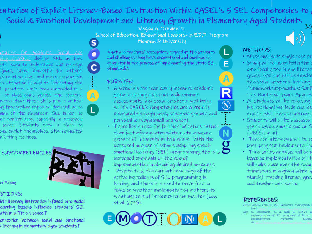Poster Image: Implementation of Explicit Literacy-Based Instruction Within CASEL's 5 Competencies to Achieve Social & Emotional Development and Literacy Growth in Elementary Aged Students by Megan Okuniewicz