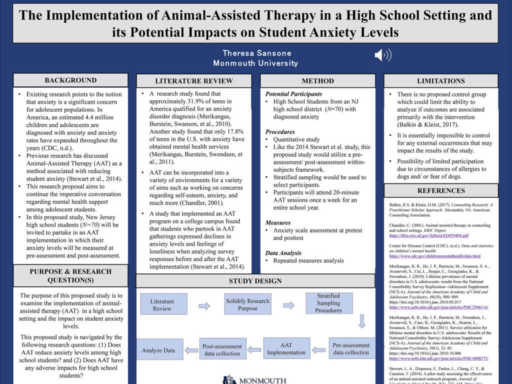 Poster Image: The Implementation of Animal-Assisted Therapy in a High School Setting and its Potential Impacts on Student Anxiety Levels by Theresa Sansone