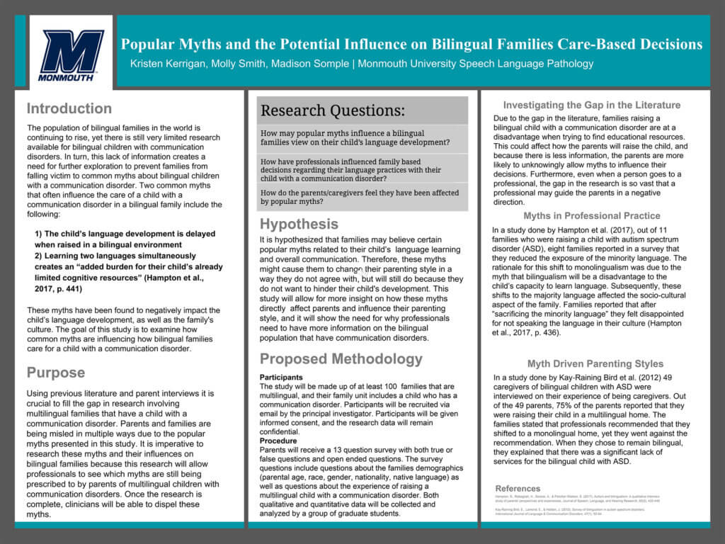 Poster Image: Popular Myths and the Potential Influence on Bilingual Families Care-Based Decisions by Molly Smith, Kristen Kerrigan & Madison Somple