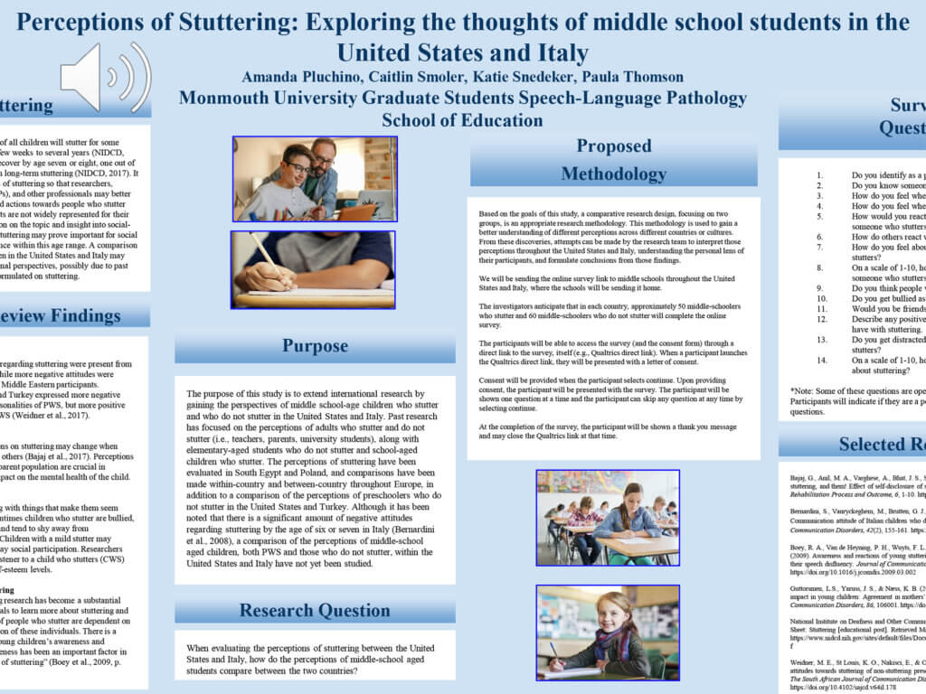 Poster Image: Perceptions of Stuttering: Exploring the thoughts of middle school students in the United States and Italy by Katie Snedeker, Amanda Pluchino, Paula Thomson and Caitlan Smoler