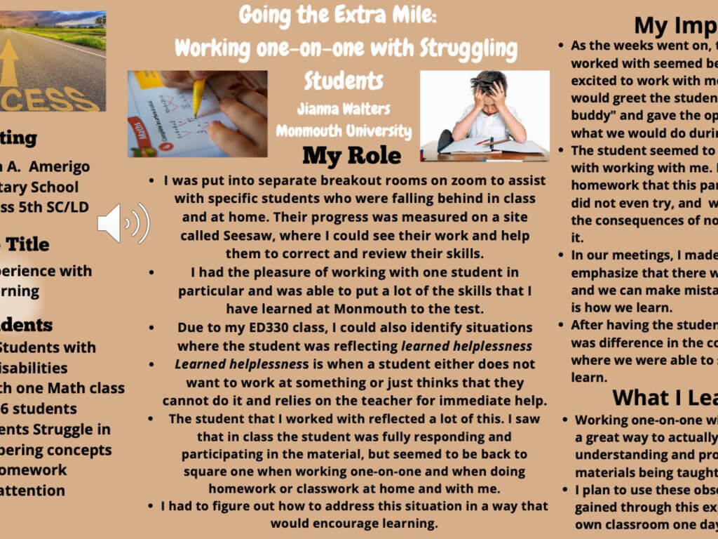 Poster Image: Going the Extra Mile: Working One-On-One with Struggling Students by Jianna Walters