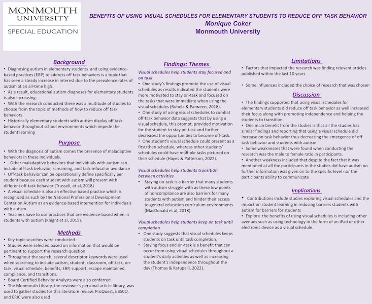 Benefits of Using Visual Schedules for Elementary Students with Autism to Reduce Off Task Behavior