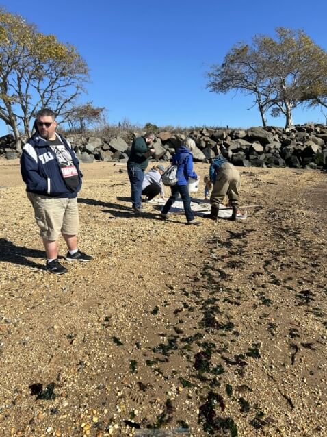 Five people excavating on a beach.