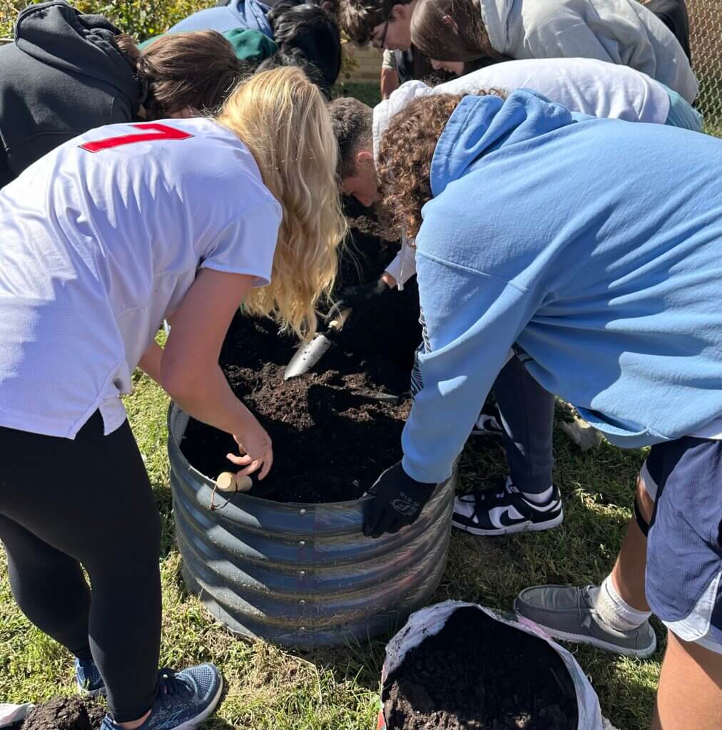Students digging in soil and gardening.