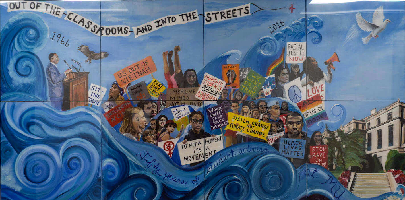 A mural by Sociology professor Dr. Johanna Foster, depicting a myriad of student demonstrations that took place at Monmouth over the past 50 years.