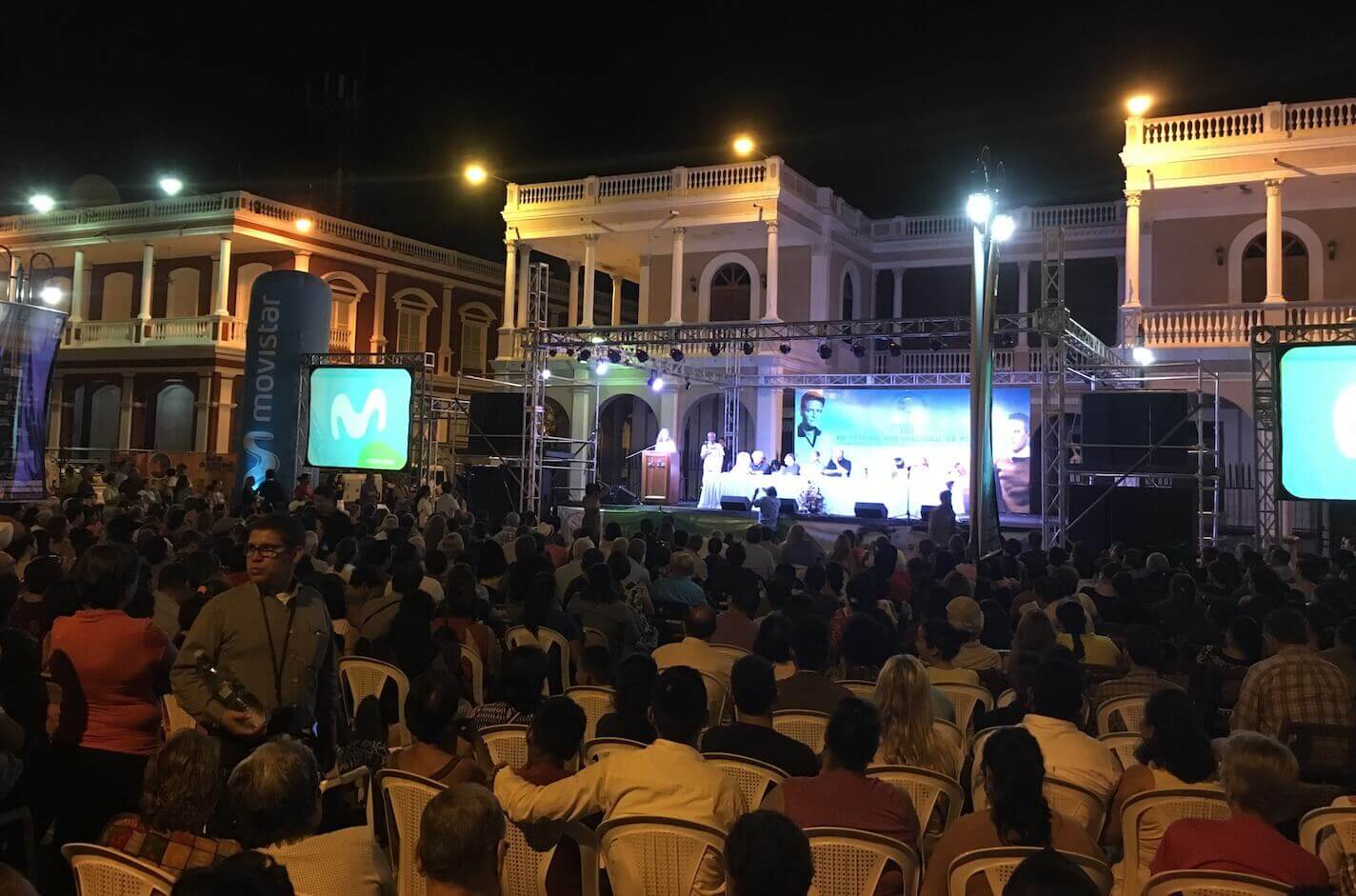 A nighttime shot showing one of the many outdoor venues where poets from across the globe presented their work during the Poetry Festival of Granada in Granada, Nicaragua.