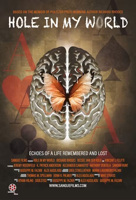 Film Poster for Hole in My World, showing the image of a brain in front of the ranks and classes of playing cars
