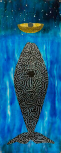 A painting of a Right Whale and symbolic depictions of its migration up the Atlantic coast.