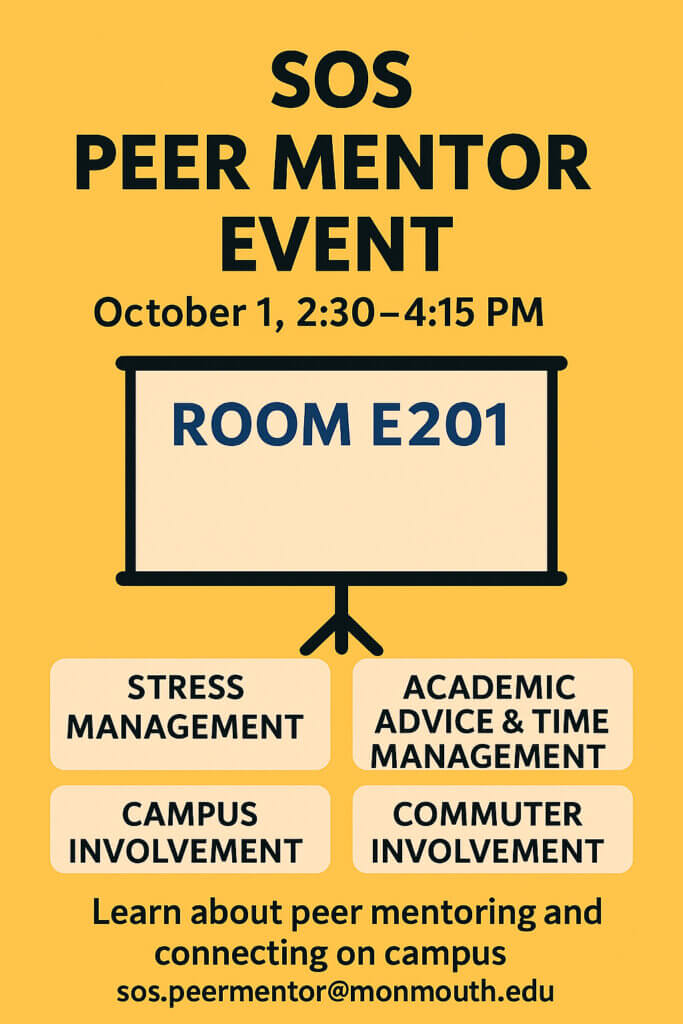 A flyer for the event. It reads "SOS Peer mentor event, Oct 1, 2:30 - 4:15pm, Edison Hall E201."