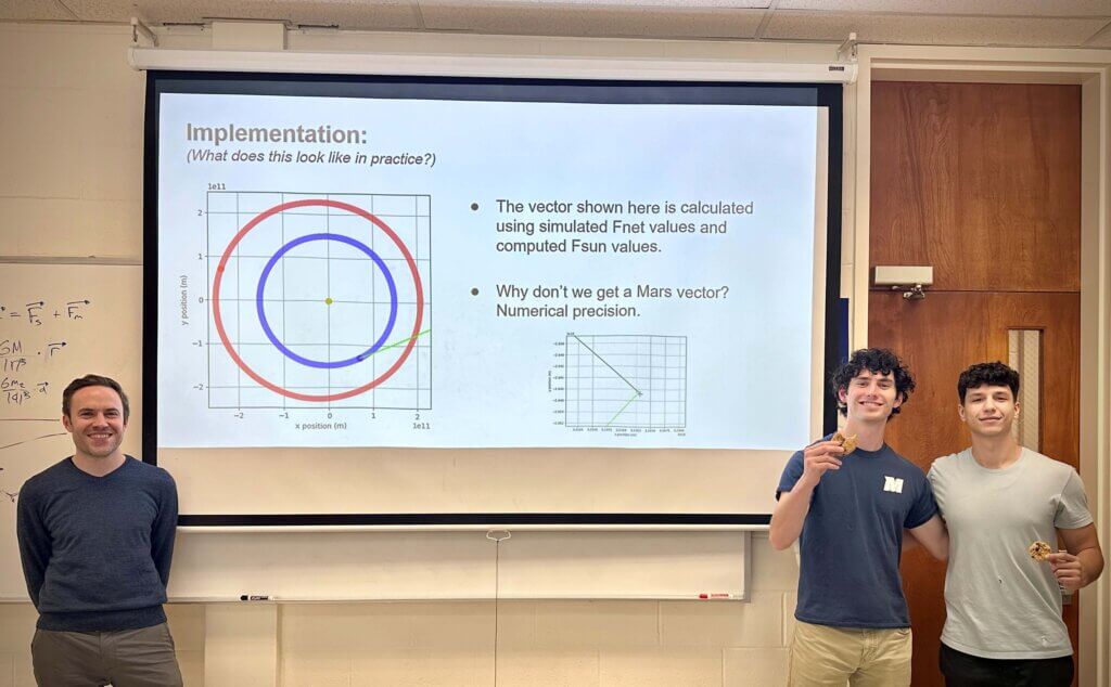 Three men stand in front of a projector image, showing mathematical graphis