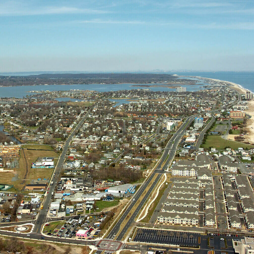 An aerial image of a densely developed coastal community