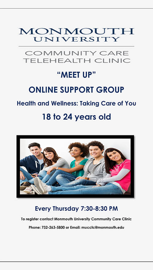 Photo image of flyer for Meet Up online support group for young adults age 18 to 24 . Click or tap image to view and download flyer about this support group.