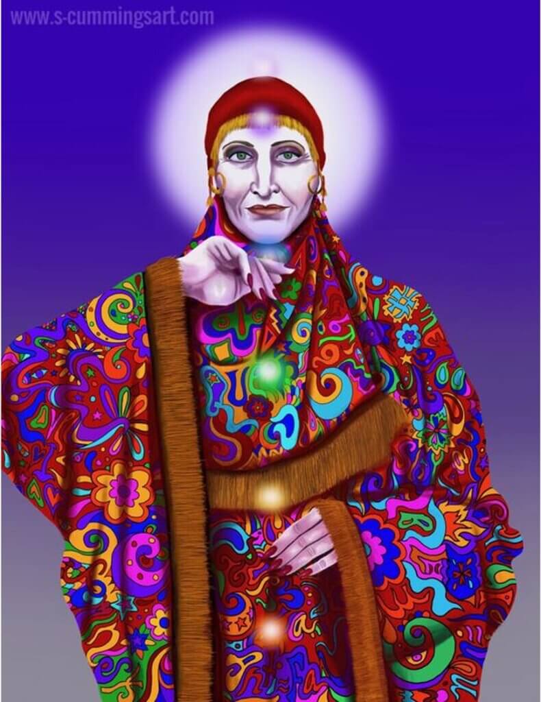 From the artist: I was inspired to create a bold, colorful image of a strong, spiritual, ’patron saint’ figure of collective ‘transgender-hood.’ These two ideas intersected and blended when I chose to dress my transgender woman in a burka of psychedelic, saturated colors, and images. In between these patterns and swirls of color the viewer will discover progressive phrases such as ‘Black Lives Matter,’ ‘Love Is Love’ and ‘#MeToo;’ slogans which signify equity, strength, and societal change.