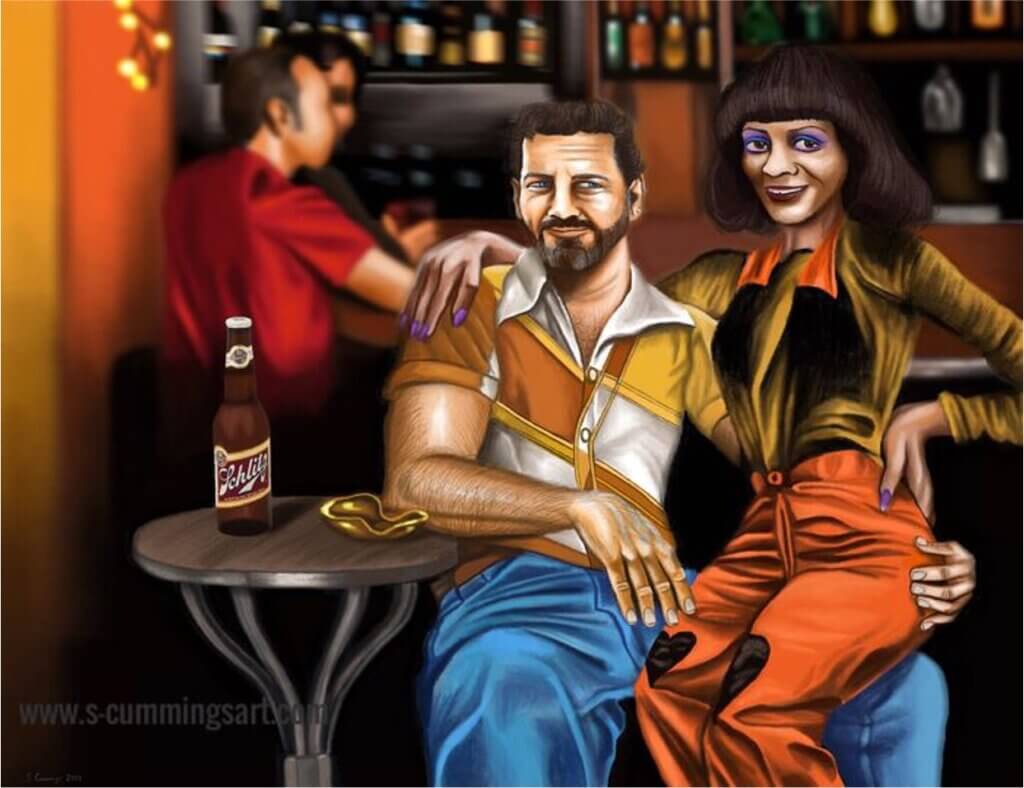 From the artist: Here I wanted to show some regular denizens of a fictional Gay Bar in the late 1978s; like sharing a sweet snapshot into a world where many gay and transgender people came together to socialize as a united community, still with the ability or possibility to find happiness, friendships, and love even as many of these individuals remained closeted outside the clubs and nightlife.