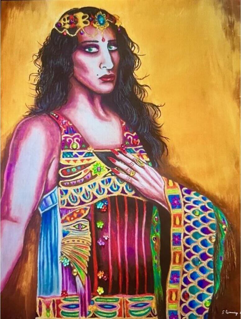From the artist: This shows another one of my transgender / androgynous figures adorned in an ornate coat of colorful psychedelia, standing tall, proud, and strong, embracing Queerness, Otherness and both the duality and balance of ‘Two-Spirit.’