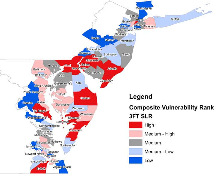 Image of color-coded map based on report that assesses Mid-Atlantic Coast’s economic vulnerability to climate change