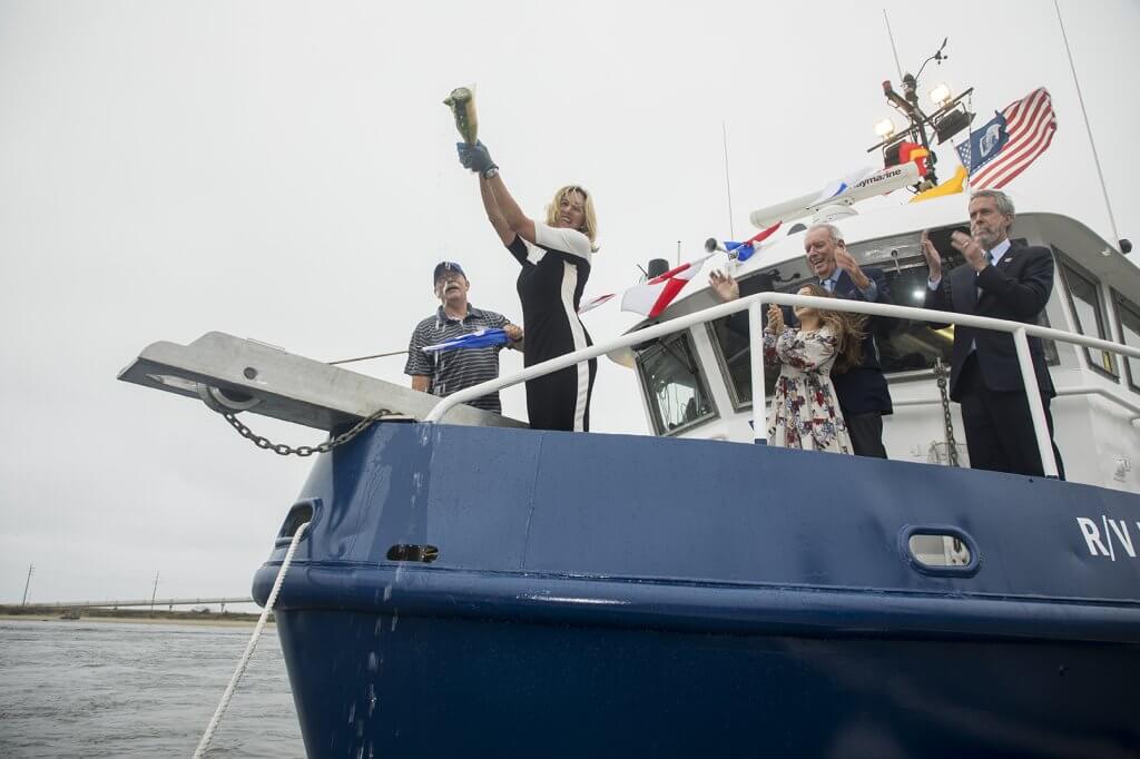 Photo shows christening of research vessel as R/V Heidi Lynn Sculthorpe