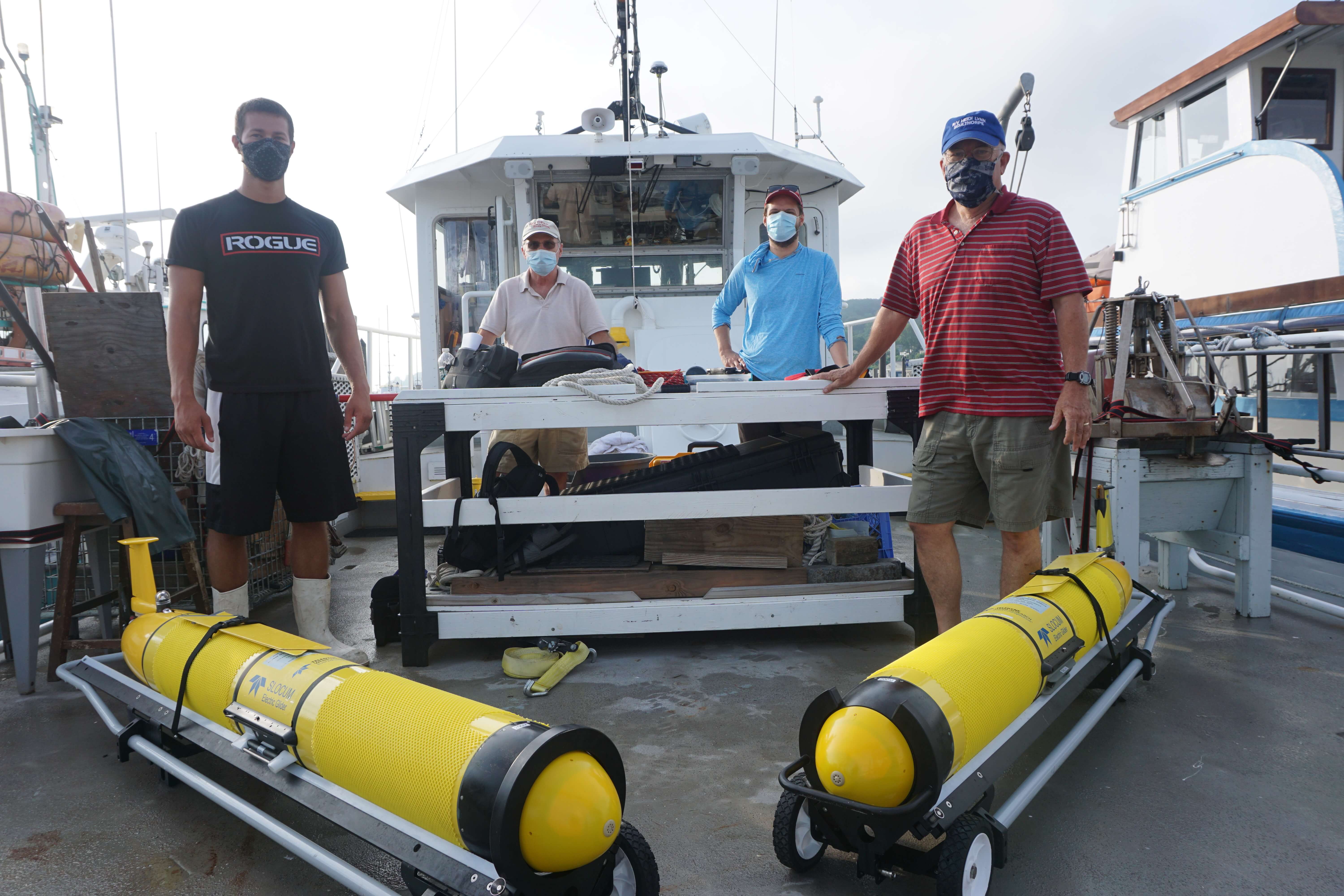 Photo of two gliders to be launched from Monmouth University’s research vessel Heidi Lynn Sculthorpe at locations between the shipping lanes that approach New York Harbor