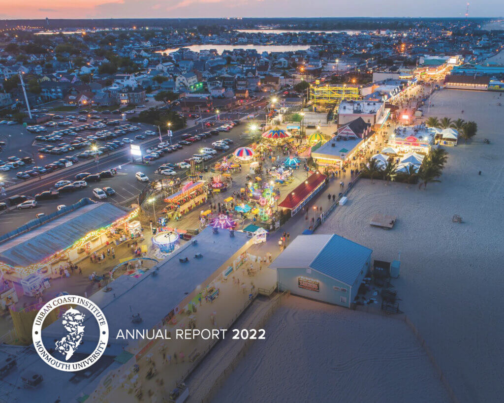 Cover of the Urban Coast Institute's 2022 Annual Report showing an aerial view of the Point Pleasant boardwalk.