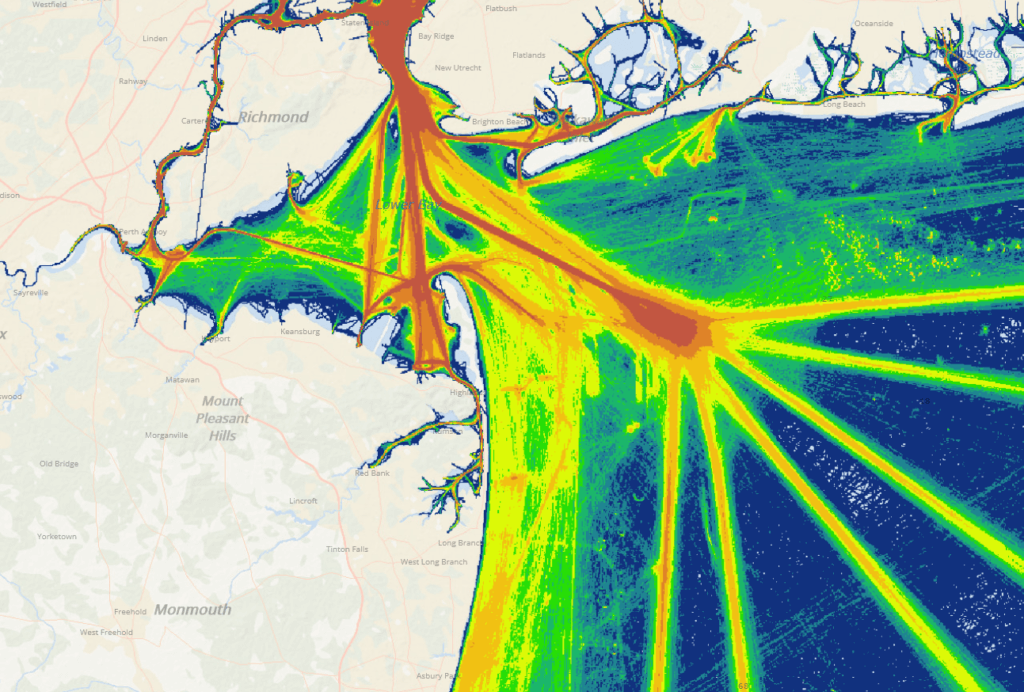 A Mid-Atlantic Ocean Data Portal map showing 2022 vessel traffic patterns off the Monmouth County coast. 