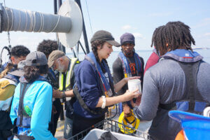 Mauro and fellow IN FISH students look inside a container for plankton aboard vessel deck. 