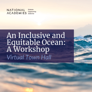 Text over an ocean surface reading, "An Inclusive and Equitable Ocean: A Workshop"