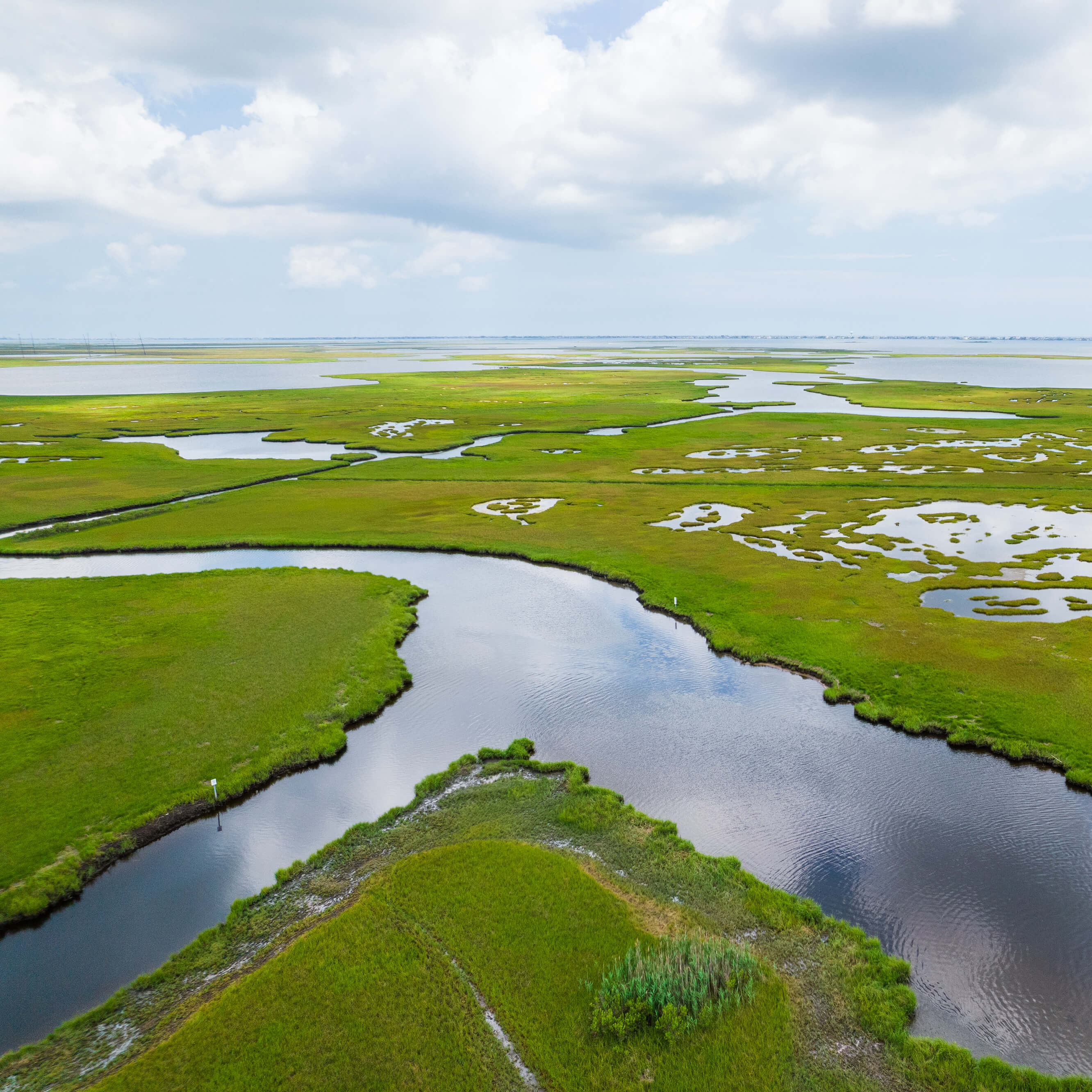 An aerial view of marshland.