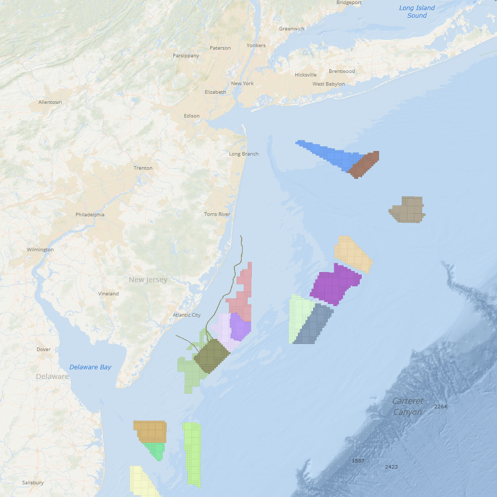 A map showing offshore wind lease areas