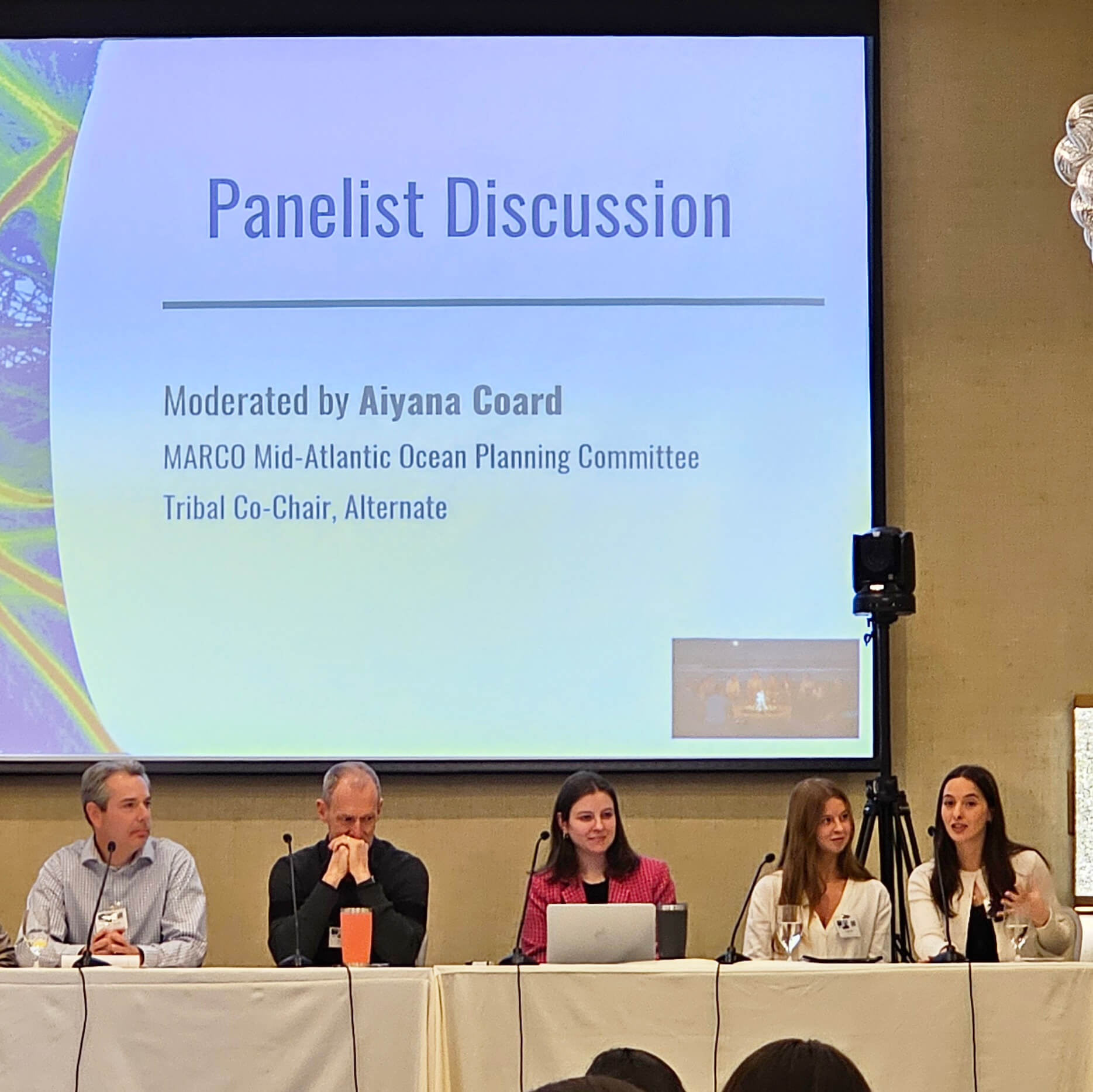 Panelists seated at a table in front of a slide that reads "Panel Discussion."