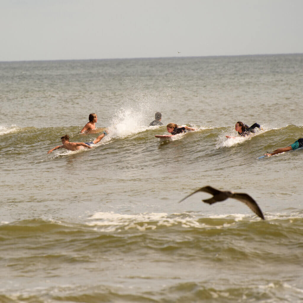 A group of young surfers paddling forward, trying to catch a wave.