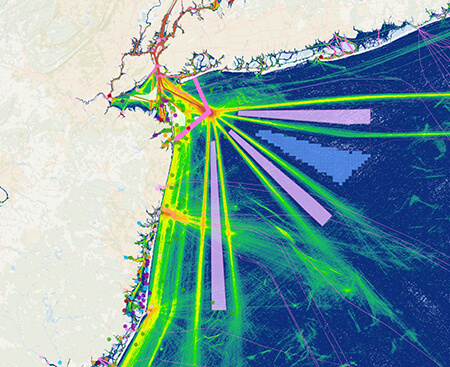 A map showing vessel traffic patterns and channels off New Jersey's coast.