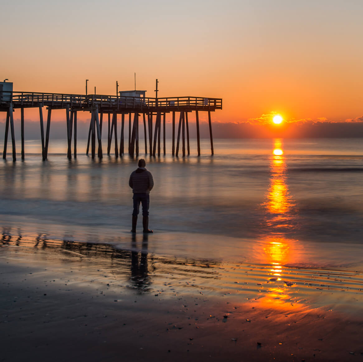An image of a lone person near a pier watching the sun set over the ocean
