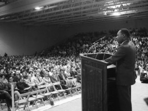 🗣️”Somewhere we must come to see that human progress never rolls in on the wheels of inevitability. It comes through the tireless efforts and the persistent work of dedicated individuals…” - Martin Luther King Jr. 

➡️ On this #MLKDay we look back to when Dr. King spoke at #MonmouthU on October 6, 1966. Read more about King’s visit at 🔗 in bio